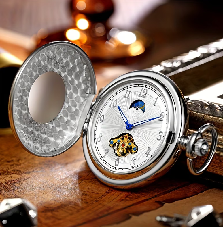 Vintage Fully Automatic Mechanical Pocket Watch Sun, Moon And Star Pendant The Unique Design Is Equipped with a Thickened Chain, Which Is Very Suitable for All Kinds of Holiday Gifts, Such As Christmas, New Year, Birthday Gifts
