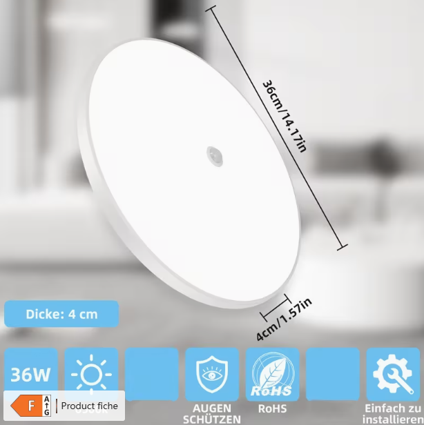 4pcs 36W سنسور حرکت LED نور پانل گرد، 6500K خنک سفید، مناسب برای اتاق خواب، پله ها، توالت، اتاق ذخیره سازی
