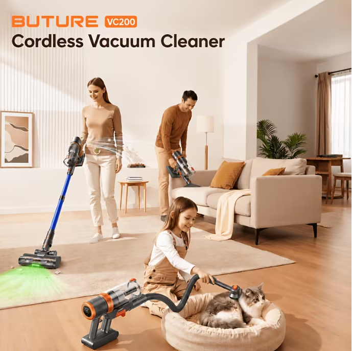 خلاء بی سیم BUTURE برای صاحبان حیوانات خانگی - 55KPA Stick Vac با مسواک آرایش حیوانات خانگی و مسواک کف سبز، زمان اجرا 60 دقیقه با صفحه نمایش LED / مسواک ضد پیچیده ساکت، 8 در 1 برای فرش، کف سخت، قالب
